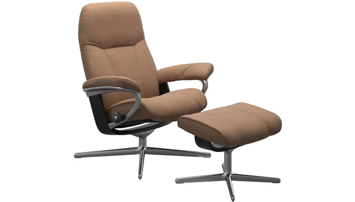 Stressless Consul Cross Recliner and Stool in Batick Latte Leather
